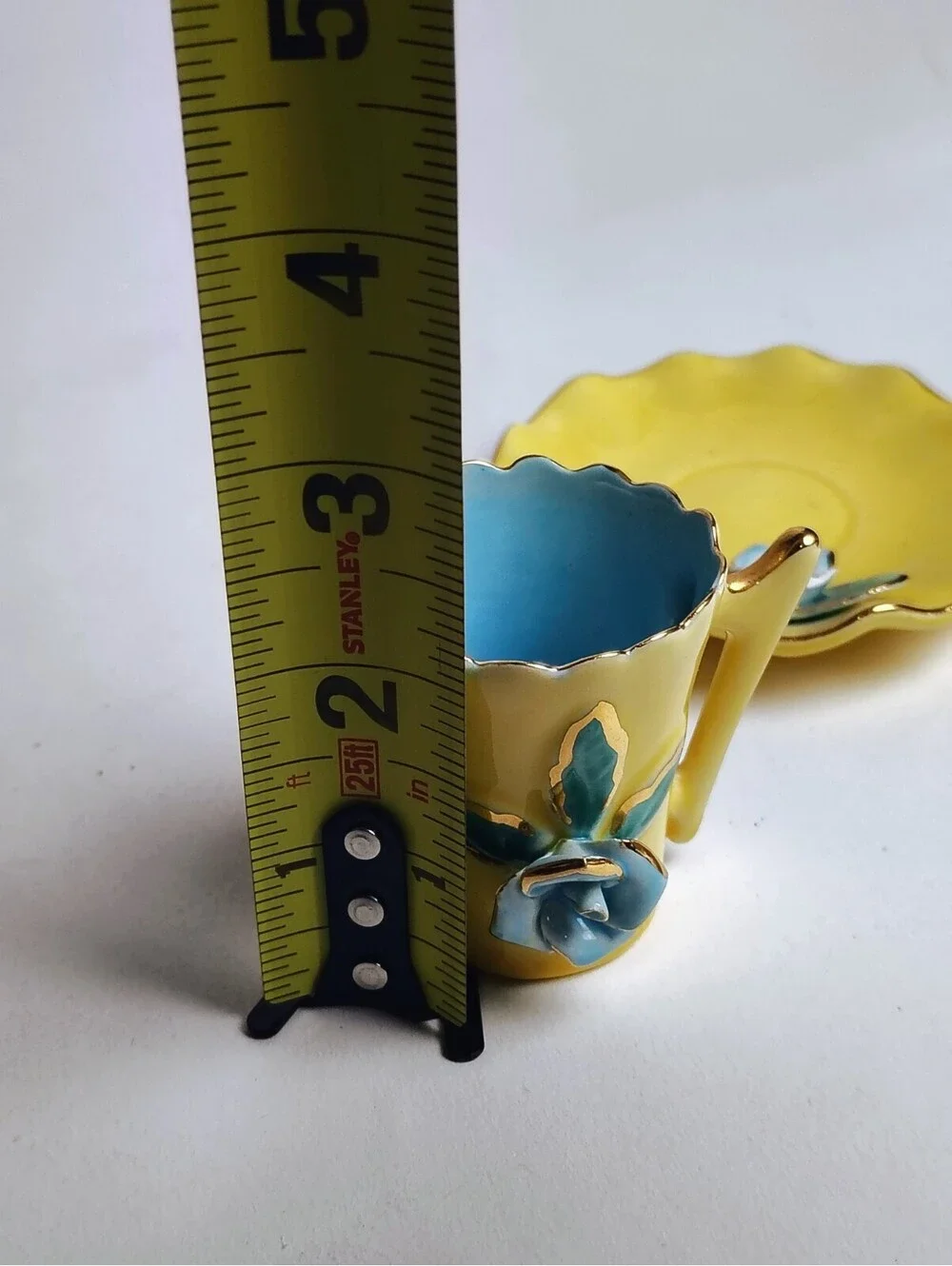 Vintage Porcelain Demitasse Cup Saucer Set Yellow Blue 3D Rose Flower Gilt Trim
